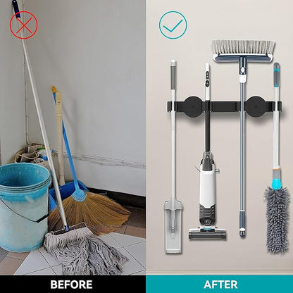Magnetic Mop Broom Holder, Strong Non Slip Magnetic Broom Mop Hanger, Heavy Duty Magnetic Hooks for Hanging Shovel Rake Tools, Wall Mounted Utility Storage Magnet Rack 4 Rack