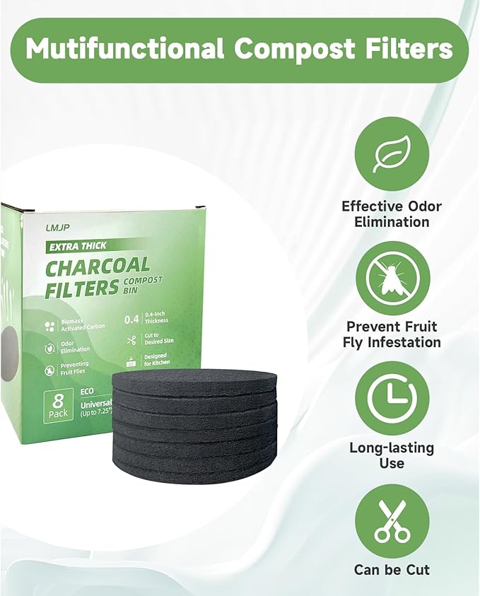 LMJP 6.7 Inch Charcoal Filters for 8 Pack Kitchen Countertop Compost Bins- Extra Thick 0.4" for Longer Lasting Activated Carbon