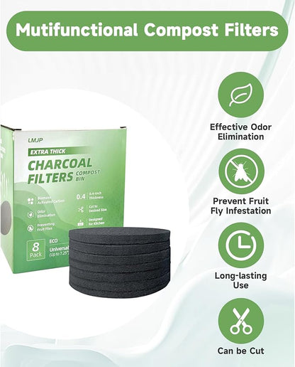 LMJP 6.7 Inch Charcoal Filters for 8 Pack Kitchen Countertop Compost Bins- Extra Thick 0.4" for Longer Lasting Activated Carbon