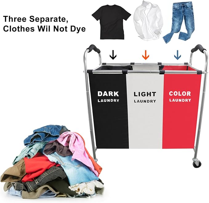 240L Laundry Hamper, Large Blanket Storage Basket Sorter 3 Section Bag Organizer for Dirty Clothes - Toys - Towel,16 X 34 X 35 inch Heavy Duty Laundry Cart Baskets (Black and white Red wheel)
