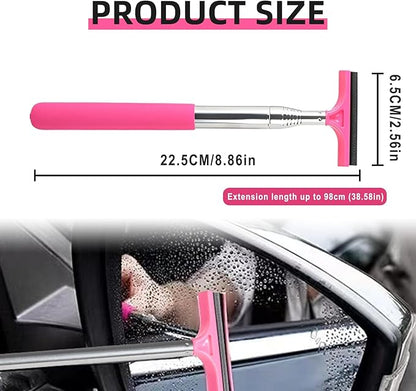 Car Rear View Mirror Wiper, 38.58 In Handle Car Window Squeegee, Retractable Auto Glass Squeegee, Portable Mirror Cleaner Tool for Auto Glass Water Removal Fog Snow (Pink)