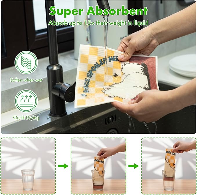 Swedish Dishcloths for Kitchen, 6 Pack Cute Dog Swedish Dish Towels with Clips, Reusable Paper Towels Washable Non-Scratch Super Absorbent Cellulose Sponge Cloths, Biodegradable No Odor