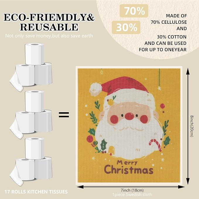 6 Pack Swedish Dishcloths for Kitchen |Watercolor Dish Towels | Reusable Paper Towels Washable | Non-Scratch Cellulose Sponge Cloths | No Odor, Biodegradable, Swedish Cloths, Xmas