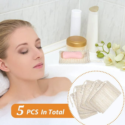 BBTO 5 Pieces Soap Saver Bag Cotton Linen Exfoliating Soap Pouch for Foaming and Drying, Shower, Scrubber(10 x 15 cm,Beige)