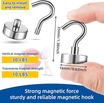 FINDMAG 20 Pack Magnetic Hooks for Cruise Cabins, 30 LB Strong Neodymium Magnets with Hooks, Rare Earth Magnetic Hook for Hanging in Classroom, Kitchen, Office, Camper, Home, Ship, Silver