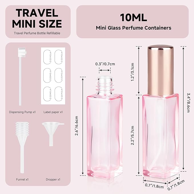 Perfume Refill Bottle, Mini Leak-proof Portable Perfume Travel Refillable Dispenser, 3pcs 10ml Empty Atomizer Sprayer, Pocket Glass Bottle with Funnel and Pipette for Cologne (Light Pink)