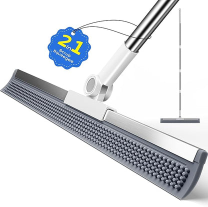Floor Squeegee Broom with Long Handle, 2 in 1 Rubber Broom with Scrubbing Teeth for Water Removal, Shower, Bathroom, Kitchen, Tile, Concrete, Garage and Pet Hair