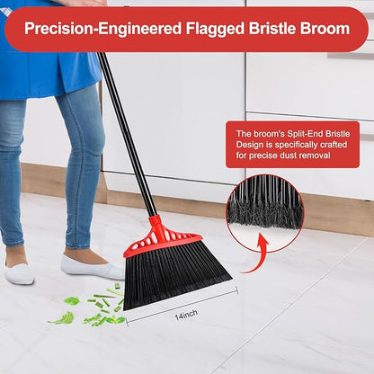 Tiumso Heavy Duty Angle Broom - 55" Adjustable Iron Handle with Stiff Bristles - Commercial-Grade Indoor/Outdoor Broom for Garage, Patio, Kitchen, Sidewalk & Concrete Cleaning (Black & Red)