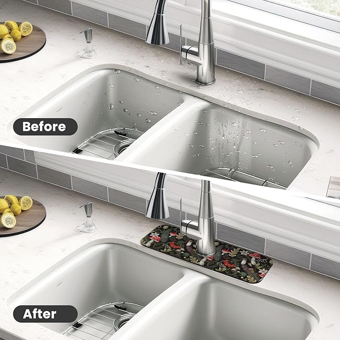 Forest Mushroom Mushrooms Leaves Flowers Kitchen Sink Splash Guard Faucet Mat Super Absorbent Fast Drying Mat Sink Gadgets-Fast Drying Pad Sink Mat For Kitchen Bathroom (15" X 5.5" )