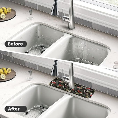 Forest Mushroom Mushrooms Leaves Flowers Kitchen Sink Splash Guard Faucet Mat Super Absorbent Fast Drying Mat Sink Gadgets-Fast Drying Pad Sink Mat For Kitchen Bathroom (15" X 5.5" )