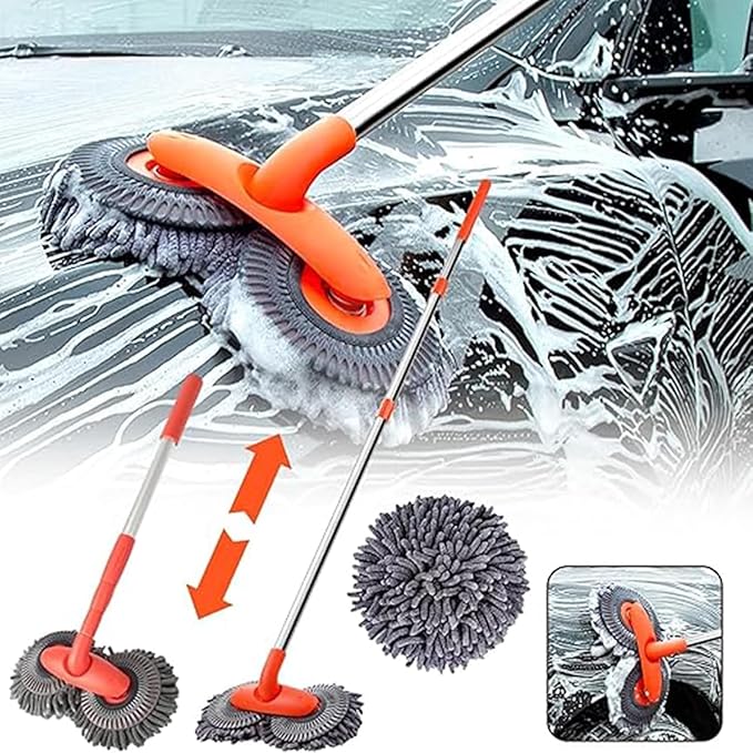 Car Wash Mop with Long Handle, Telescopic Car Wash Brush, Double Head Microfiber Car Wash Mop, 360° Rotating Long Handle Car Cleaning Kit Brush, Windshield Window Cleaning Kit for Car