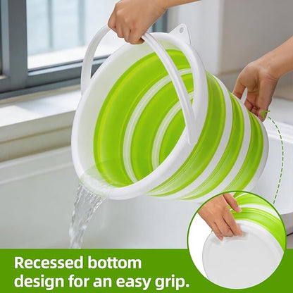 Collapsible Bucket with Handle, Space Saving Silicone Mop Bucket, Portable Foldable Cleaning Bucket for Home, Camping, Car Wash, Laundry, Kitchen & Outdoor Use (Green)