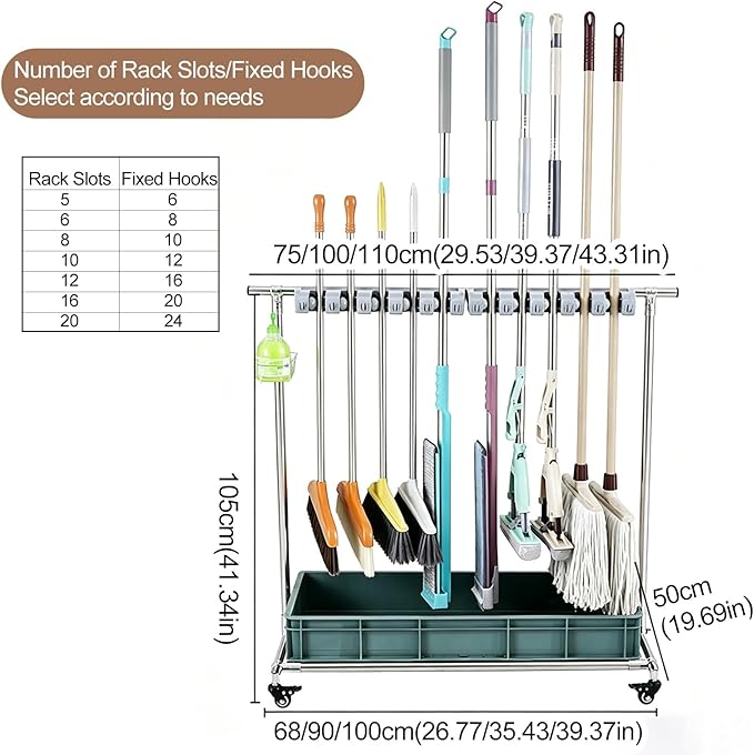 SARKEY Mobile Broom Mop Holder,Rolling Cleaning Tool Organizer Cart,Rolling Janitor Cart On Wheels,Freestanding Cleaning Tool Organizer For Home,Garage,School,Hotel(90x50x105cm(35x20x41in))