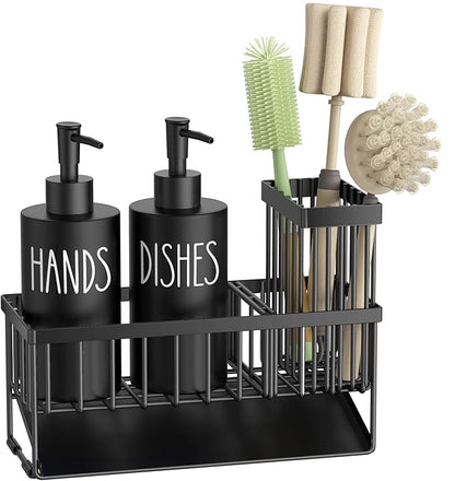 MASADI Kitchen Dish Soap Dispenser Set with Sponge Holder, 12OZ Glass Bottle, Hand and Dish Soap Dispenser Set, Non-Slip Silicone Pad, Brush Holder, Kitchen Sink Organizer Countertop (Black)