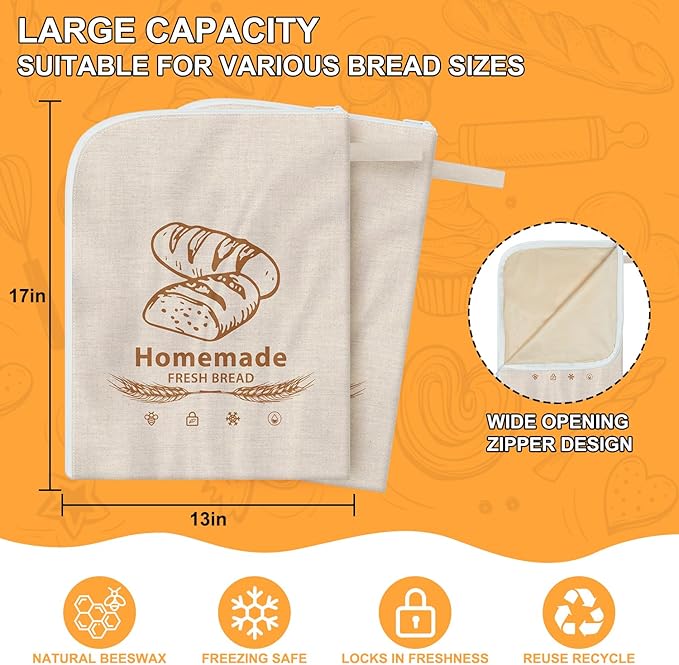 New Wide Zipper Beeswax Bread Bags for Sourdough, Reusable Bread Bags for Homemade Bread, Beeswax Lining Bread Bag for Keep Freshness, 2 Pack, 17x13 Inch