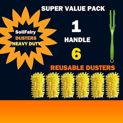 Duster Refill for Swiffer Duster, Reusable Duster Refill Compatible with Swiffer Hand Duster, 360° Heavy Duty Washable Microfiber Dusters for Cleaning, 6 Pack & 1 Handle, Yellow