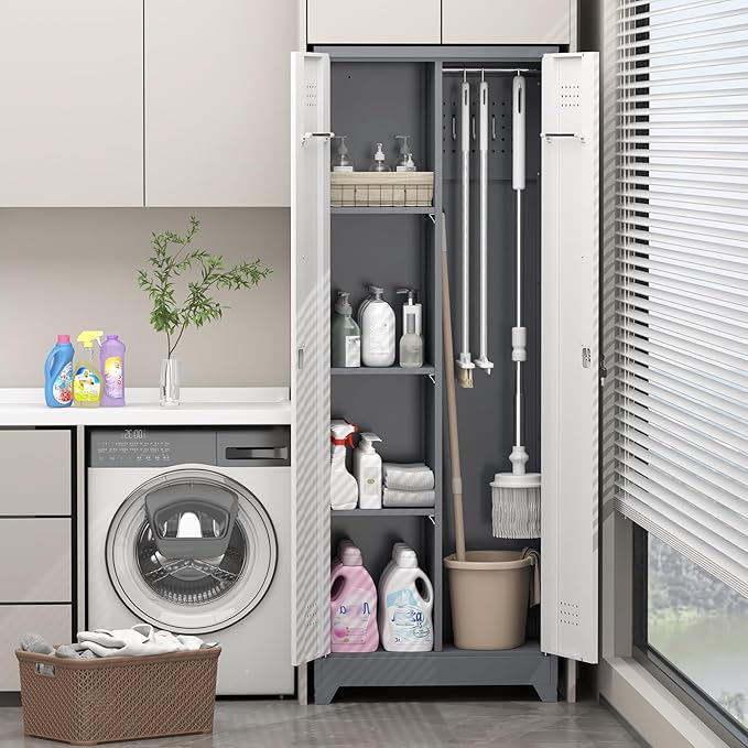 Metal Storage Cabinet with Lockable Doors, 65" Steel Utility Cabinet for Garage & Home Office, Tall Broom Closet with Adjustable Shelves, Vents & Cable Hole for Tools, White/Grey