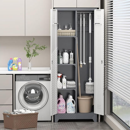Metal Storage Cabinet with Lockable Doors, 65" Steel Utility Cabinet for Garage & Home Office, Tall Broom Closet with Adjustable Shelves, Vents & Cable Hole for Tools, White/Grey
