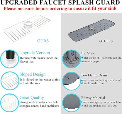 YATOISUR Sink Splash Guard 14.4” x 5.4” - Sink Faucet Mat with Faucet Water Catcher Mat & Soap Dish & Sponge Holder 3 in 1 - Silicone Faucet Handle Drip Catcher Tray for Kitchen RV & Bar Faucet, White