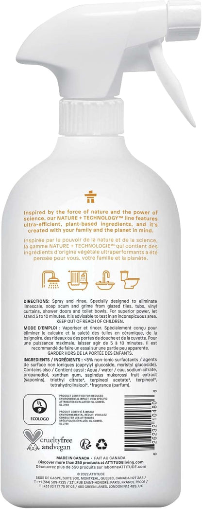 ATTITUDE Bathroom Cleaner Spray, EWG Verified, Plant-Based & Vegan, Safe for Bathroom Surfaces, Tiles, Tubs, Shower Walls, and Grout, Citrus Zest Scent, 27.1 Fl Oz