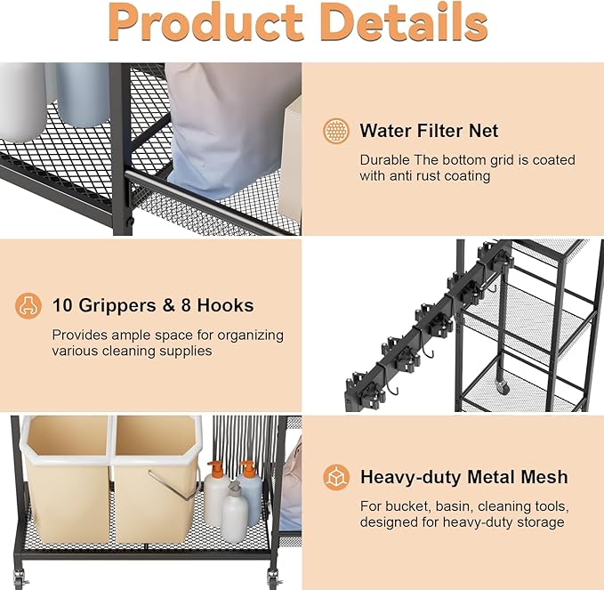 Heavy Duty Rolling Storage Cart & Cleaning Caddy - Freestanding Broom and Mop Organizer, 3-Tier Utility Cart on Wheels for Laundry Room Organization and Storage, Garage & Home Organization Bl
