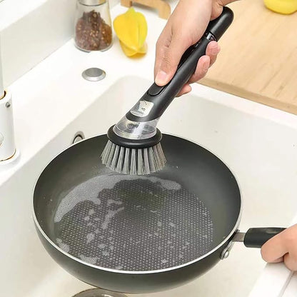Soap Dispensing Dish Brush with Long Handle, Kitchen Scrub Brush for Pots, Pans, Sink and Dishes, Round, 9.25in, Plastic and Nylon Bristles (Gray)