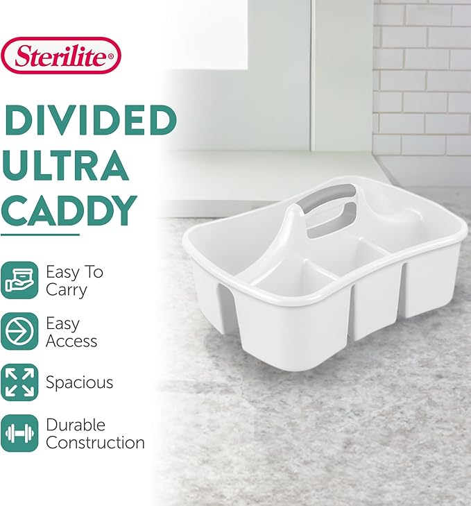 Sterilite Divided Ultra Caddy, Plastic, Portable Storage to Hold Bathroom and Cleaning Supplies, 5 Large Compartments and Handle, White, 12-Pack