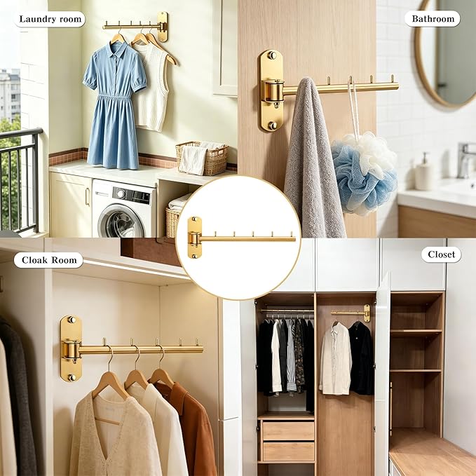 Folding Wall Mounted Clothes Hanger Rack with Swing Arm Stainless Steel Heavy Duty Coat Hook for Bathroom, Bedroom, Laundry Room - Gold