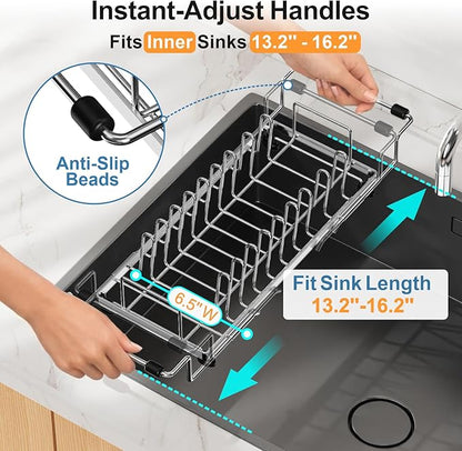 GSlife Small Dish Drying Rack for Counter, Stainless Steel Expandable Dish Drainer with Drain Board and 360° Swivel Spout, Compact for RV, Camper or Over Sink Use, 1-2 People, Narrow 6.5" W, Silver