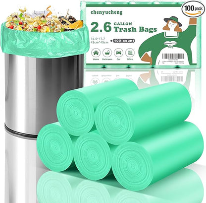 2.6 Gallon Small Biodegradable Trash Bag - Mini Kitchen Bathroom Garbage Bags Green Unscented Compostable 100 Count 10 Liter Waste Basket Liners Office Tiny Car Bulk Strong Thick Chenyucheng