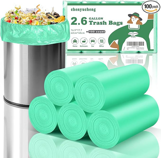 2.6 Gallon Small Biodegradable Trash Bag - Mini Kitchen Bathroom Garbage Bags Green Unscented Compostable 100 Count 10 Liter Waste Basket Liners Office Tiny Car Bulk Strong Thick Chenyucheng