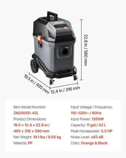 VEVOR Commercial Shop Vac, 11 Gallon Wet Dry Shop Vacuum, 5.5 Peak HP Portable with One-Button Self-Cleaning, 1350W Input, 1.25in x 7ft Hose, 20ft Cord, Industrial-Grade for Jobsite, Workshop