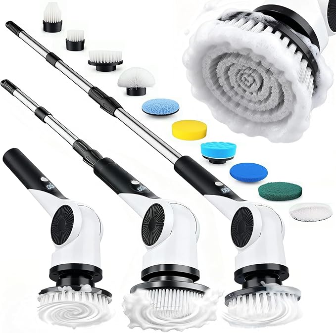 Electric Spin Scrubber, 3-Speed Cordless Shower Scrubber with 90° Adjustable & 10 Replaceable Brush Heads, 90 Mins Runtime & Full-Body IPX7 Waterproof Shower Cleaner Brush with Long Handle
