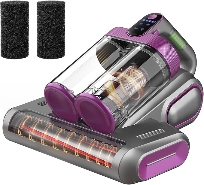 Mattress Vacuum Cleaner, 16Kpa Bed Vacuum Cleaner with UVC and Hot Air and High Heating, Strong Suction, Double Cup Handheld Vacuum Couch Cleaner for Pillows Crib Sofa Pet Hair (Purple)
