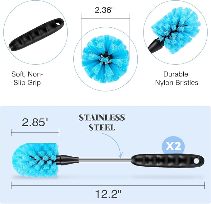 UNIFUN Water Bottle Brush Set, Long Handle 3-in-1 Stainless Steel Water Bottle Scrubbing Brush, Cleaning for Narrow Neck Bottles, Sport Bottles, Baby Bottles, Coffee Mugs, Tumblers, Flask(Short Size)
