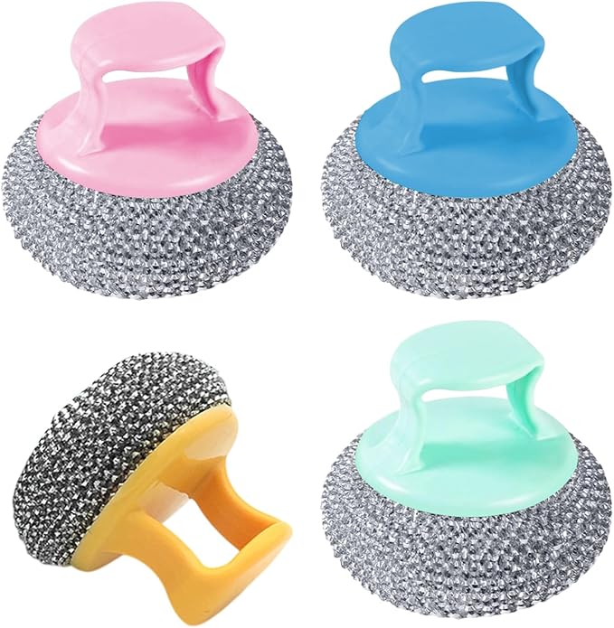 Dish Scrubber - Non Scratch Short Handle Brush for Cleaning | Durable Nylon Fiber with Soft Ball Pad, Stain Removing Scouring Tool, Easy Grip Handle for Pots, Pans, Grill, Sink, Kitchen Household Use