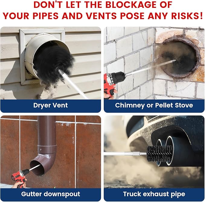 HOKLNUSE Dryer Vent Cleaner Kit Ducts Cleaning Kit for Dryer Air Duct HVAC Vent Fireplace Chimney Pellet Stove Gutter Downspout Dryer Vent Lint Removers with 1.5"&4" Brush Heads (30Feet)