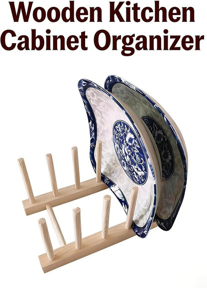 Wooden Dish Rack with 5 Compartments - Drying Drainboard Storage Holder for Plates, Bowls, Cups & Pot Lids, Kitchen Cabinet Organizer (Wood Color)