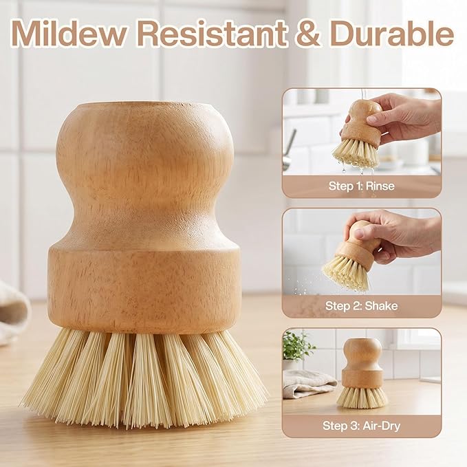 Wooden Dish Brush with Metal Stand Handheld Bamboo Wok Brush Scrubber for Dishes Pans Pots Fruit and Veggie Washing(1,Beige)