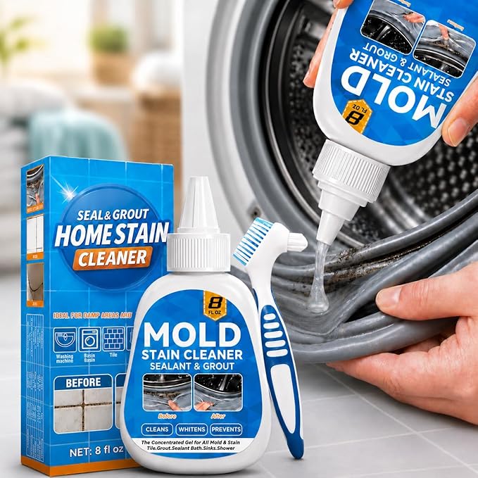 Mold Stain Cleaner Gel, 8 Fl Oz Washing Machine Cleaner with Brush, Mold Cleaner Gel for Front Loader Washing Machine Seal, Bathroom Grout, Kitchen Sink, Shower, Refrigerator Strip (Basil)