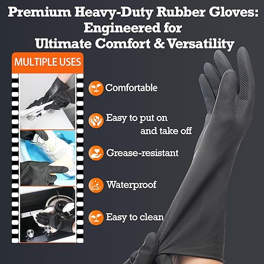 Thick Rubber Cleaning Gloves - 1 Pair Black Rubber Gloves for Dishwashing Large, Non-Slip Kitchen Gloves for Washing Dishes, Reusable Cleaning Gloves, Waterproof, Heavy-Duty (1P,L)