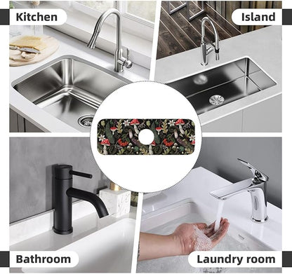 Forest Mushroom Mushrooms Leaves Flowers Kitchen Sink Splash Guard Faucet Mat Super Absorbent Fast Drying Mat Sink Gadgets-Fast Drying Pad Sink Mat For Kitchen Bathroom (15" X 5.5" )
