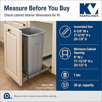 Knape & Vogt SCB9-1-20PT 8.375 inch x 20.125 inch x 17.313 inch 20 Qt. in-Cabinet Single Soft-Close Bottom-Mount Pull-Out Trash Can, Platinum