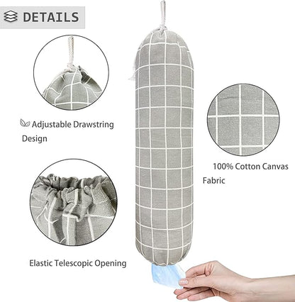 SYIPO Plastic Bag Holder, Wall Mount Organizer, Shopping Bags Carrier, Washable Large Grocery Storage Dispenser for Home Kitchen Travelling, Free Adjustment with Drawstring (Check Gray)