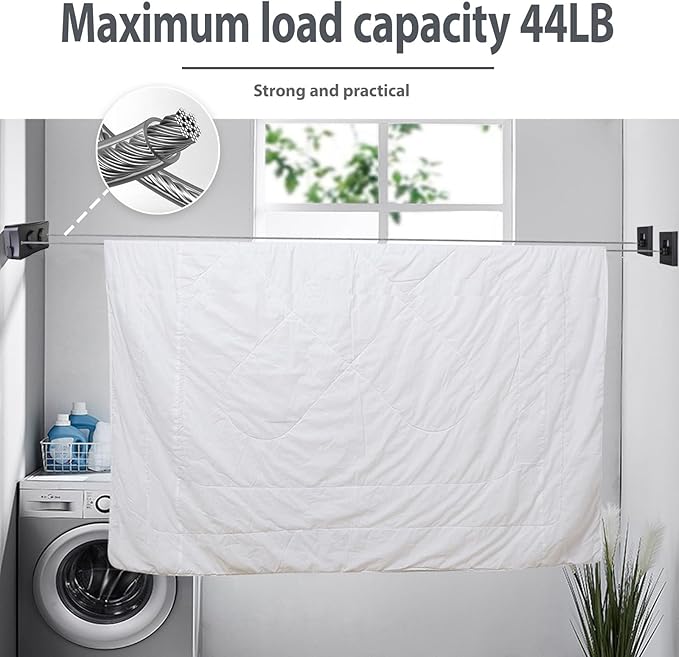 Retractable Clothesline Indoor & Outdoor, 16.7 Ft Clothes Line Outdoors Sag-Proof with Adjustable Tension & 2 Installation Ways, Laundry Rope for Pool Towels, Winter Coats(Grey)
