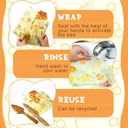 3 Rolls Beeswax Wraps for Food 13'' x 59'' Bees Wax Wraps Reusable Bees Beeswax Storage Wrap for Food Sustainable Honeycomb Floral Organic Cotton Wrap for Bread Sandwich Cheese Fruit