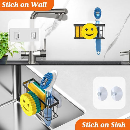 MURLONG Sponge Holder Smiley Face, Sink Organizer with 2 Suction Cups/1 Adhesive Strips, Designed for Sponge, Soap, Dish Brush, Scrubber - Black