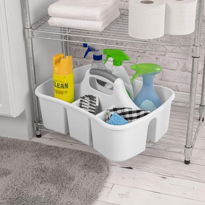 Sterilite Divided Ultra Caddy, Plastic, Portable Storage to Hold Bathroom and Cleaning Supplies, 5 Large Compartments and Handle, White, 12-Pack