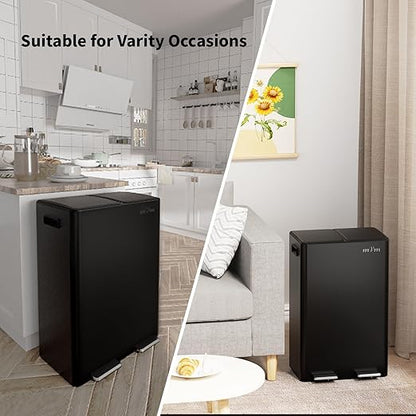 mVm Dual Trash Can, 16(2x8) Gal Large Step Trash Can with ABS Lid, Recycling Garbage Bin for Kitchen Home Office (Black)
