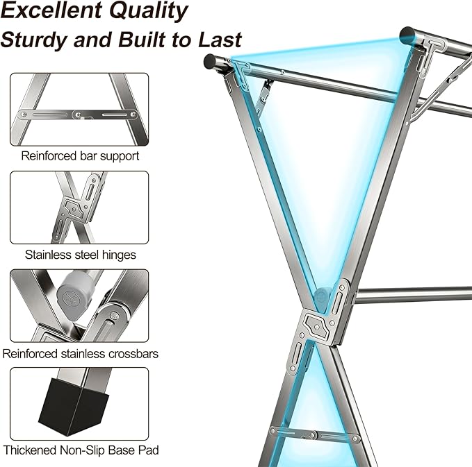 Spreezy Stainless Steel Clothes Drying Rack, Indoor/Outdoor Drying Rack for Clothes, Portable Folding Laundry Drying Rack, Adjustable Length, Space-Saving, with Windproof Hooks